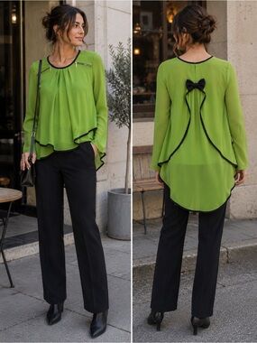 Zara Y2K Lime Green Chiffon Blouse S Bow Back High Low Zip